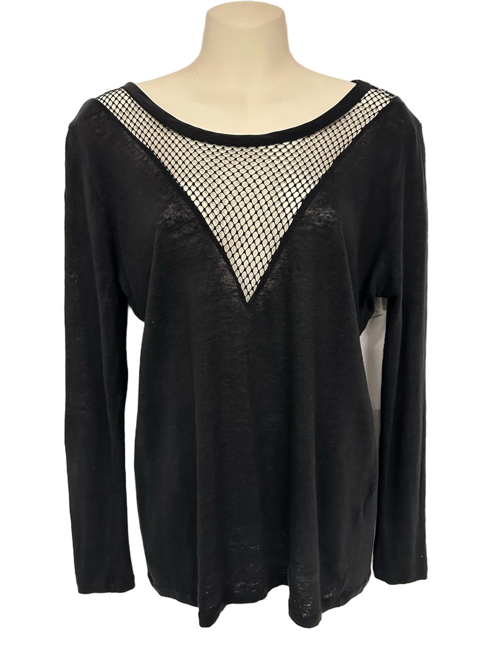 Sandro black linen Round neck V mesh long sleeve knit top Small